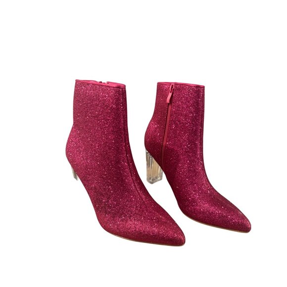 Pink Glitter Ankle Boots With Transparent Block Heels & Side Zippers For Women - Picture 2 of 8
